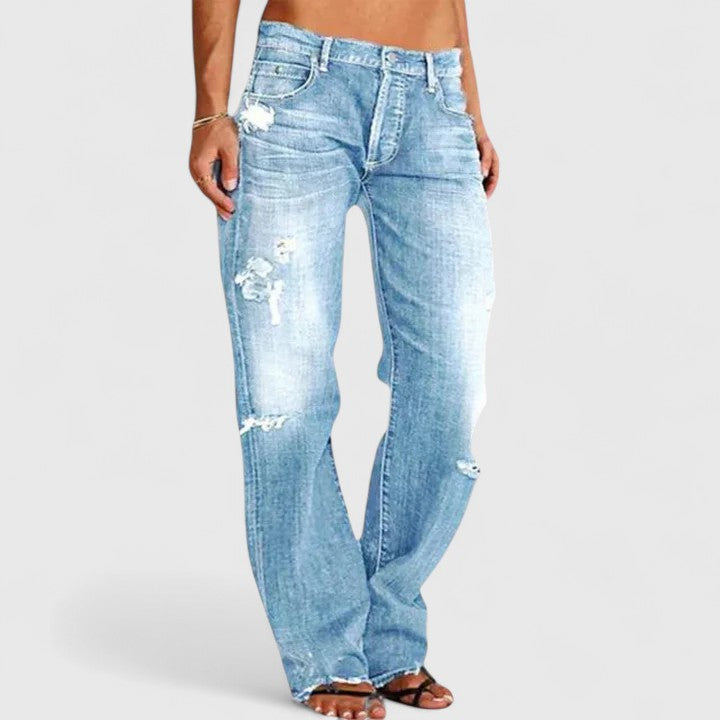 Damen Elegante Jeans mit weitem Bein und niedriger Taille. Bequeme Freizeit-Denim-Hose für moderne Frauen.