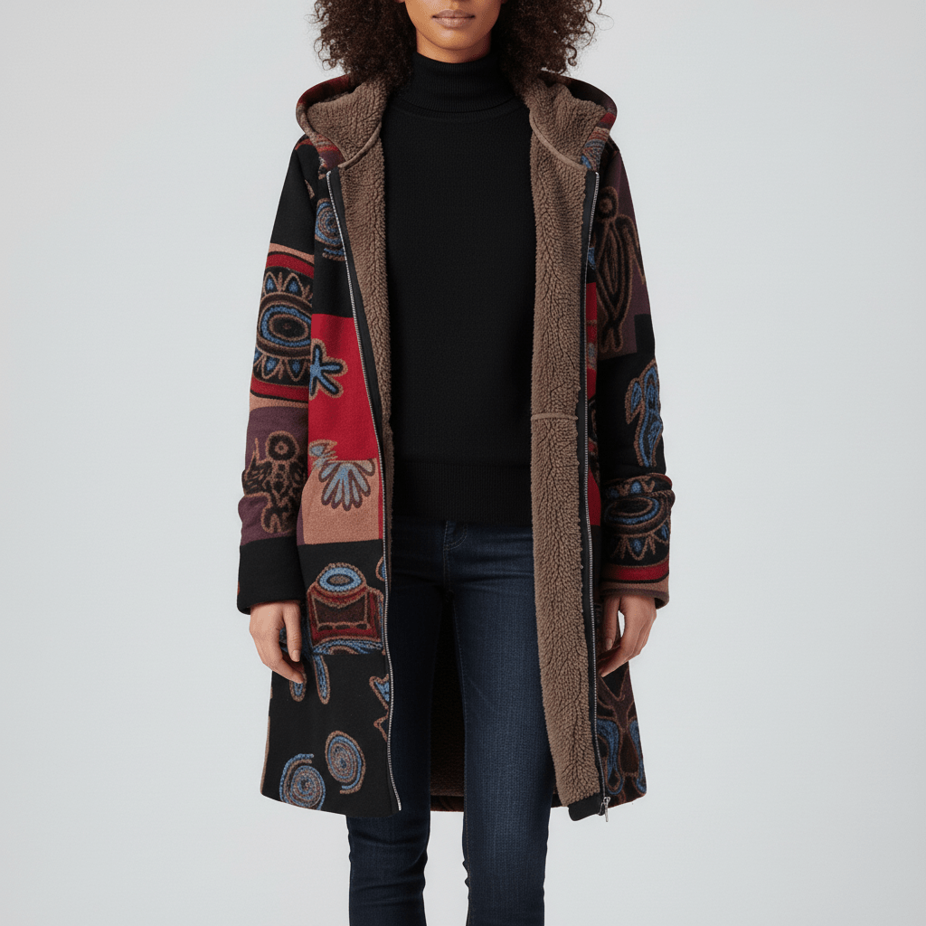 Elegante Damen Kapuzenjacke Ella mit Retromuster, tailliert. Perfekt für Herbst & Winter.