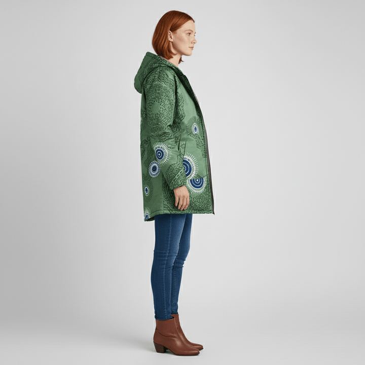 Retromuster Kapuzenjacke Ella für Damen: Lang, tailliert, komfortabel & stilvoll.