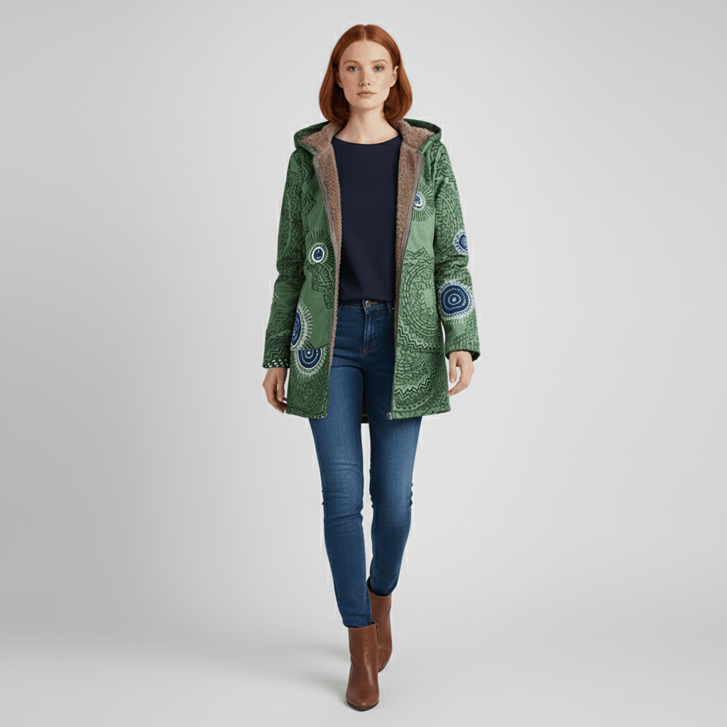 Taillierte Damen Kapuzenjacke Ella mit Retromuster, perfekt für den modernen Look.
