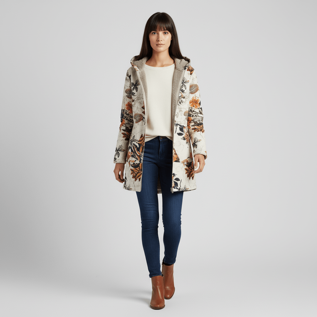 Lange Damenjacke Ella mit Kapuze und modischem Retromuster. Elegant und warm.
