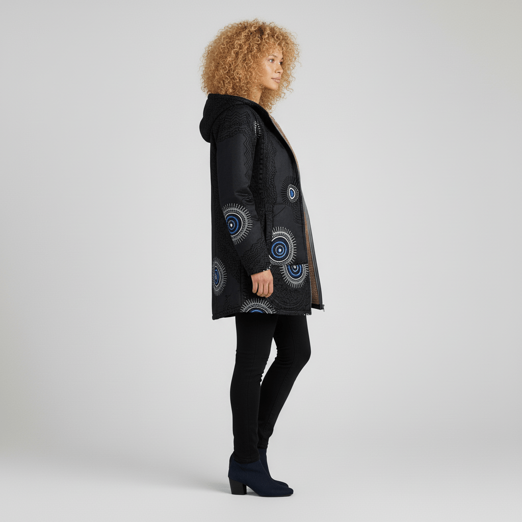 Stilvolle Übergangsjacke für Damen: Lang, tailliert, Kapuze & trendiges Retromuster.