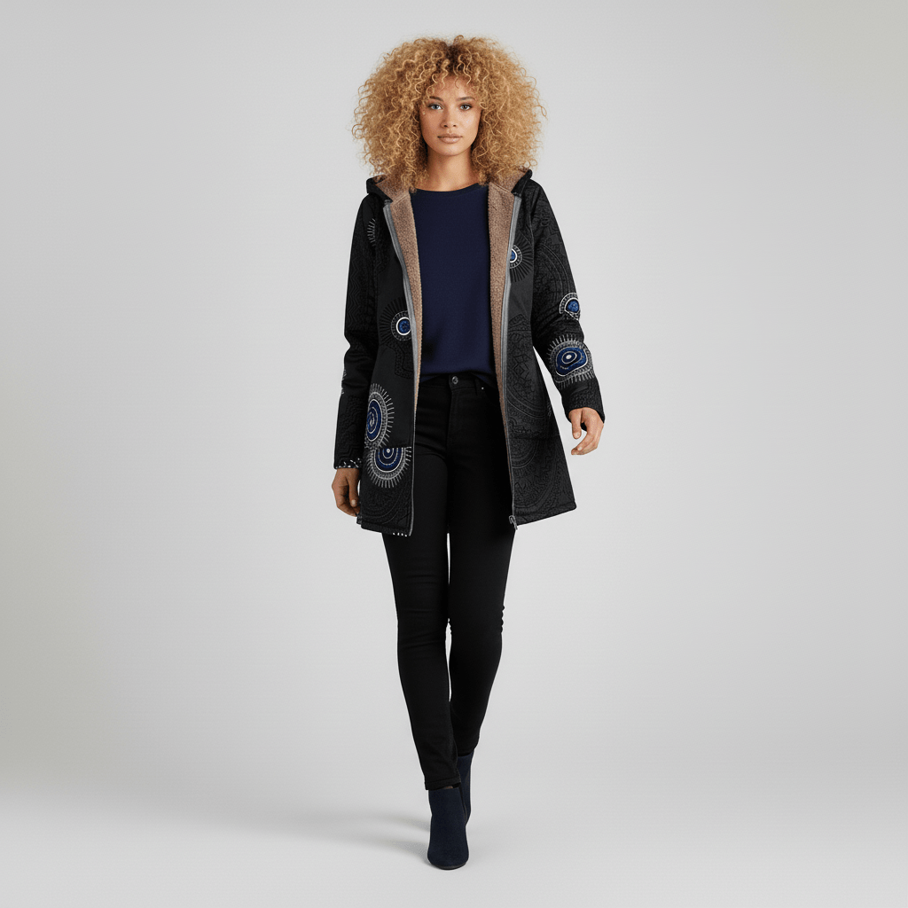 Elegante Herbstjacke Ella für Damen mit Retromuster, Kapuze & figurbetontem Schnitt.