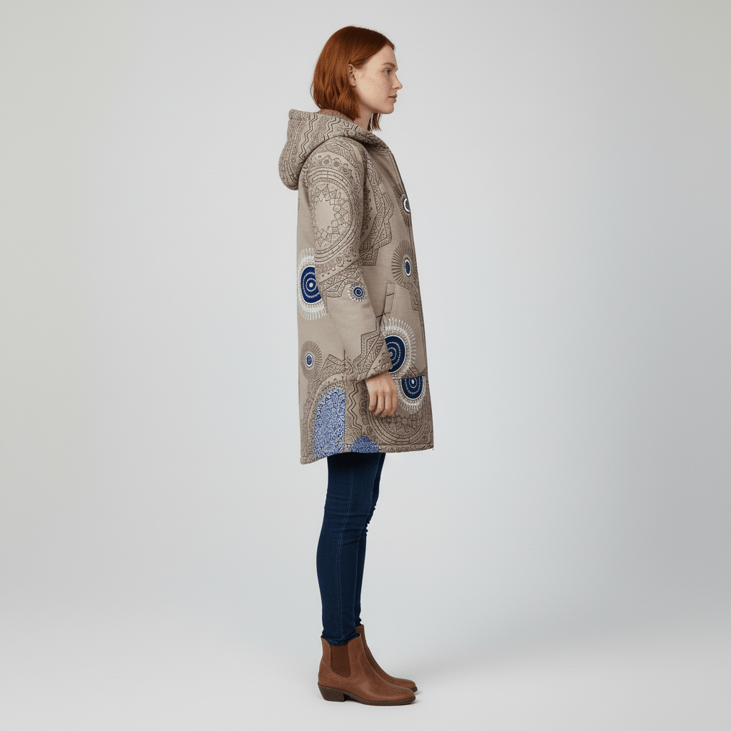Warme Damen Winterjacke Ella: Tailliert, lang, mit Kapuze und ansprechendem Retromuster.
