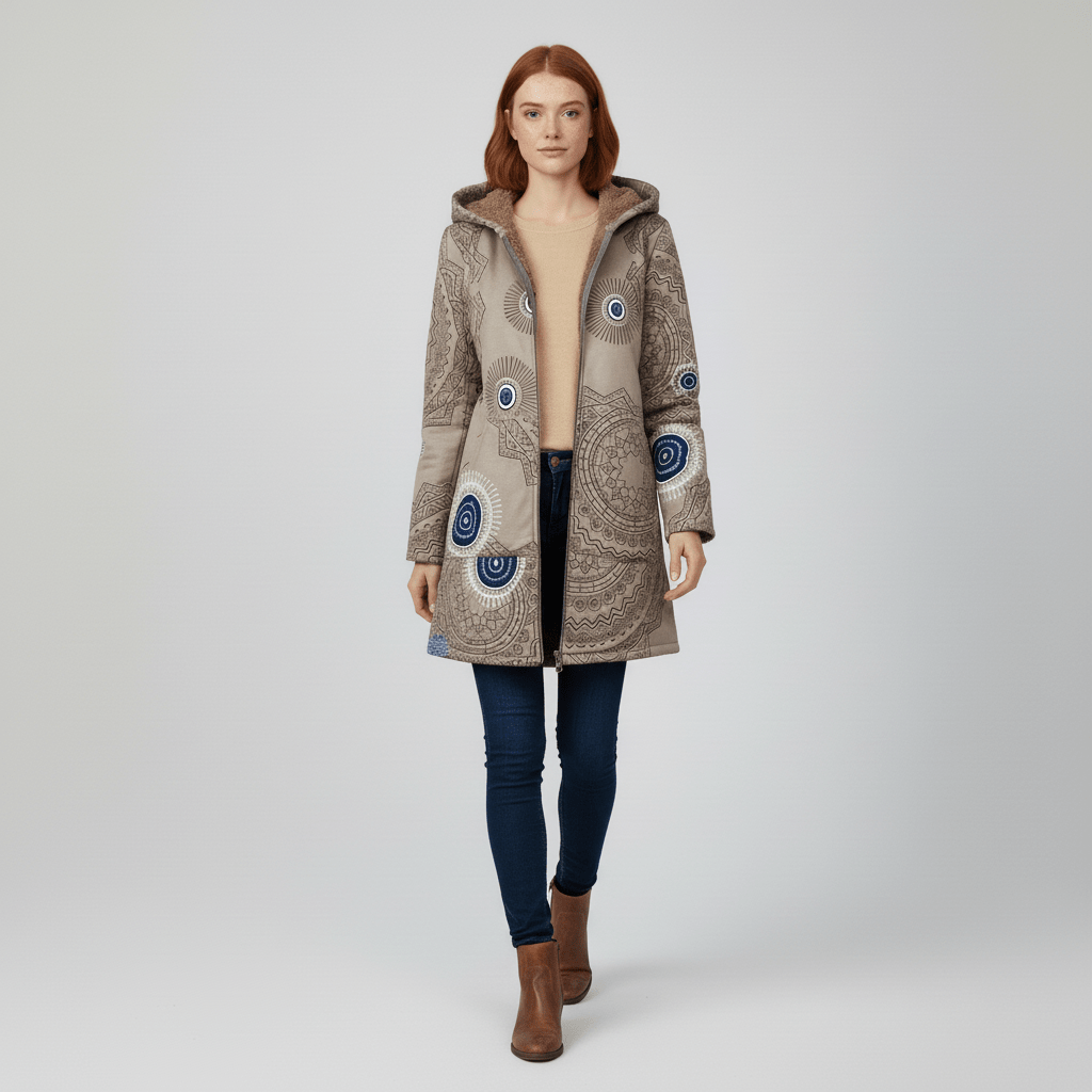Casual Chic Damen Kapuzenjacke Ella mit Retromuster. Lang & tailliert für den Alltag.