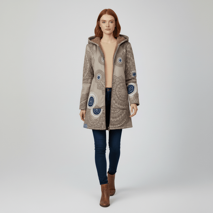 Casual Chic Damen Kapuzenjacke Ella mit Retromuster. Lang & tailliert für den Alltag.