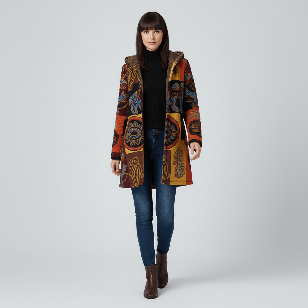 Muster-Kapuzenjacke Ella für Damen: Lange, taillierte Freizeitjacke mit Retro-Design.