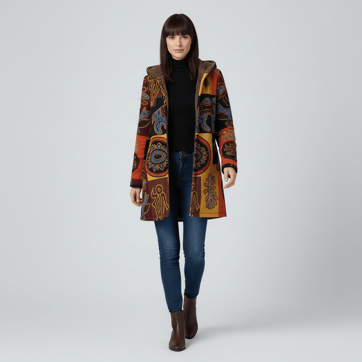 Muster-Kapuzenjacke Ella für Damen: Lange, taillierte Freizeitjacke mit Retro-Design.