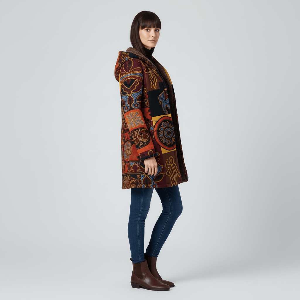 Damenjacke Ella mit Retromuster & Kapuze. Tailliert für eine schmeichelhafte Silhouette.