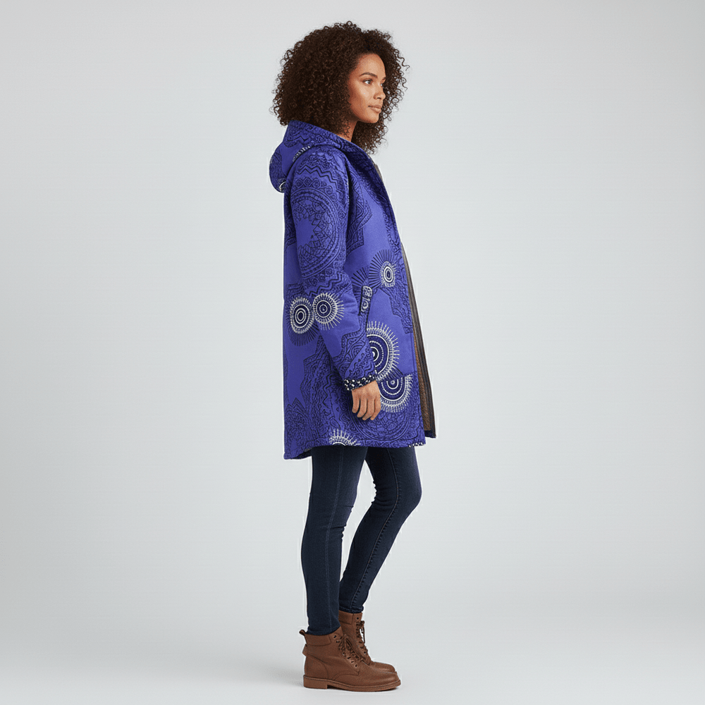 Lange taillierte Damenjacke Ella mit modischem Retromuster & Kapuze. Ideal für den Übergang.