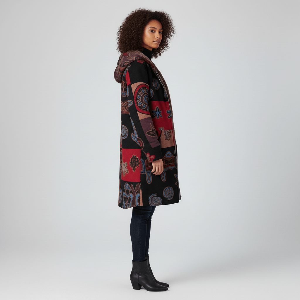 Modische Retromuster Kapuzenjacke Ella, lang & tailliert. Für stilbewusste Damen.