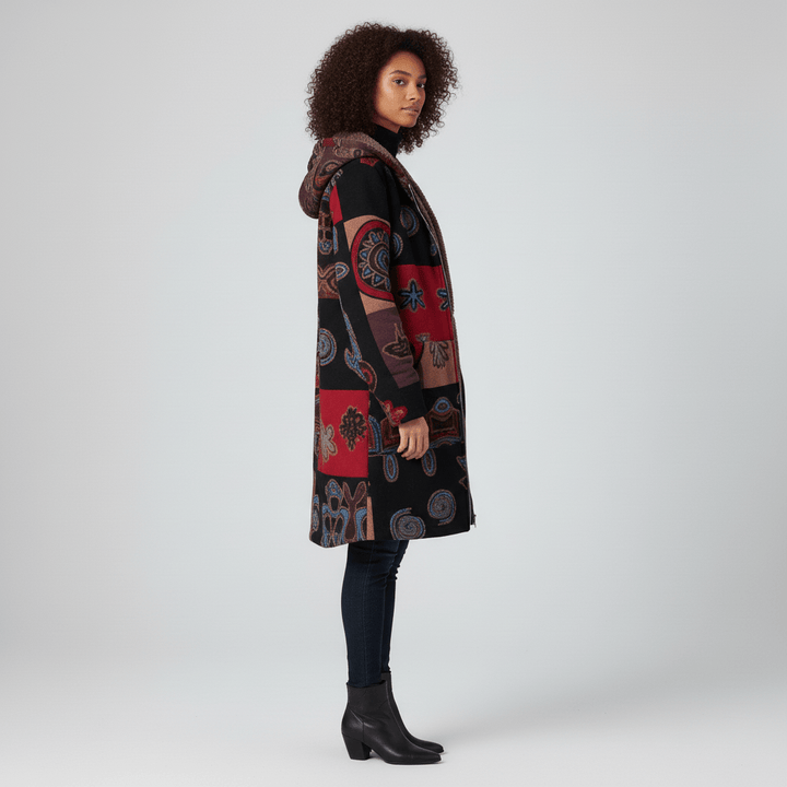 Modische Retromuster Kapuzenjacke Ella, lang & tailliert. Für stilbewusste Damen.