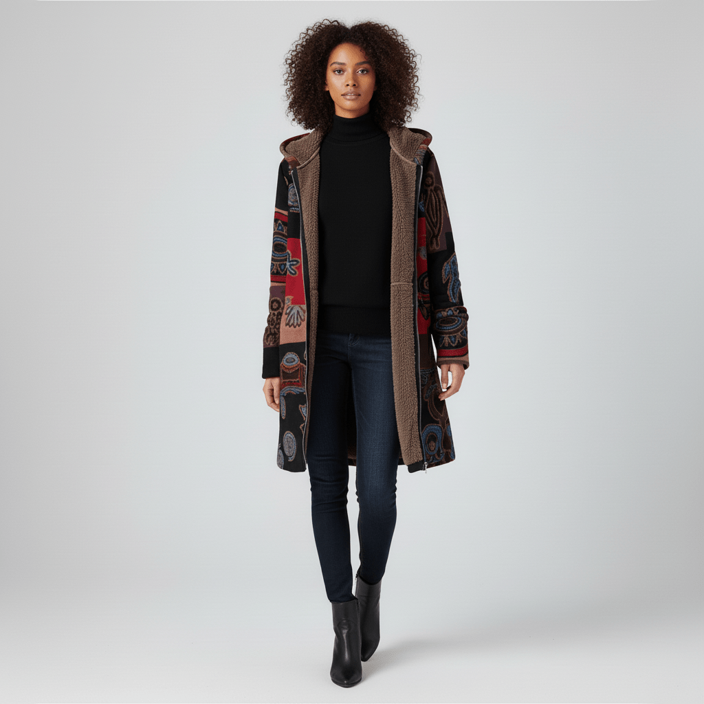 Damen Taillierte Kapuzenjacke Ella: Retromuster, lang geschnitten, bequem & elegant.