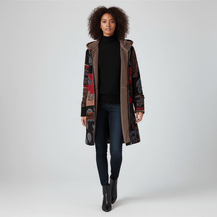 Damen Taillierte Kapuzenjacke Ella: Retromuster, lang geschnitten, bequem & elegant.