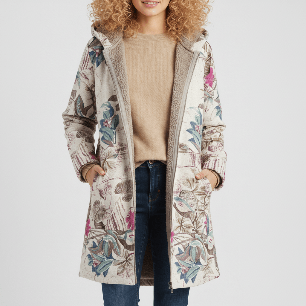 Lange Kapuzenjacke Ella für Damen mit Retromuster. Perfekt als Übergangs- oder Herbstjacke.