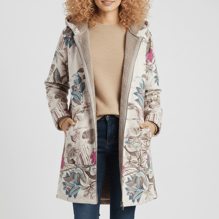 Lange Kapuzenjacke Ella für Damen mit Retromuster. Perfekt als Übergangs- oder Herbstjacke.