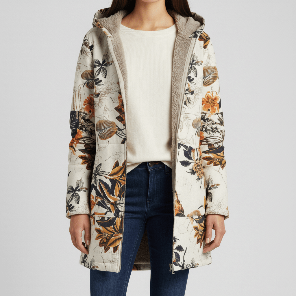 Übergangsjacke Ella: Damen Kapuzenjacke mit Retromuster, lang & tailliert. Ideal für Freizeit.