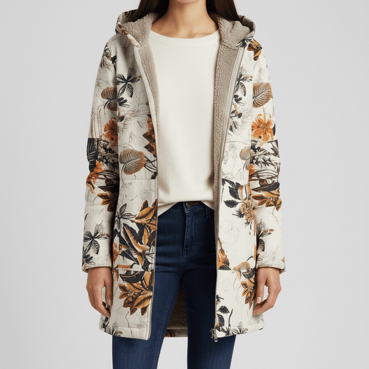 Übergangsjacke Ella: Damen Kapuzenjacke mit Retromuster, lang & tailliert. Ideal für Freizeit.