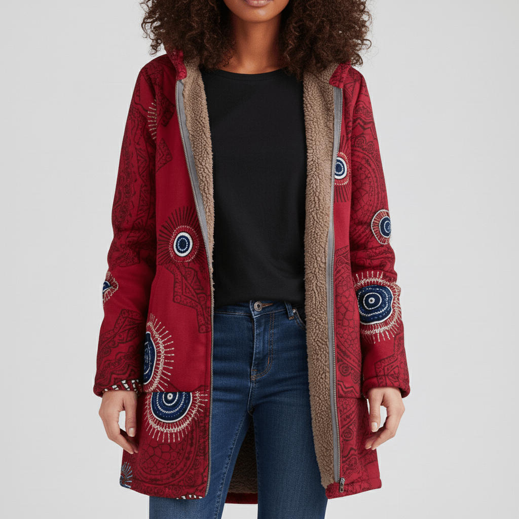 Damen Winterjacke Ella mit Retromuster & Kapuze. Lang, tailliert & sehr warm.