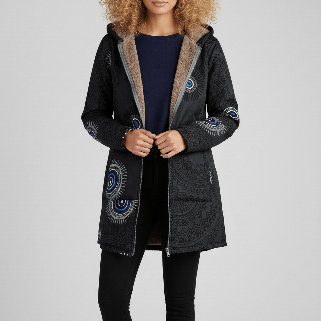 Freizeitmode Damen: Kapuzenjacke Ella mit Retromuster, lang & tailliert. Stilvoll & bequem.