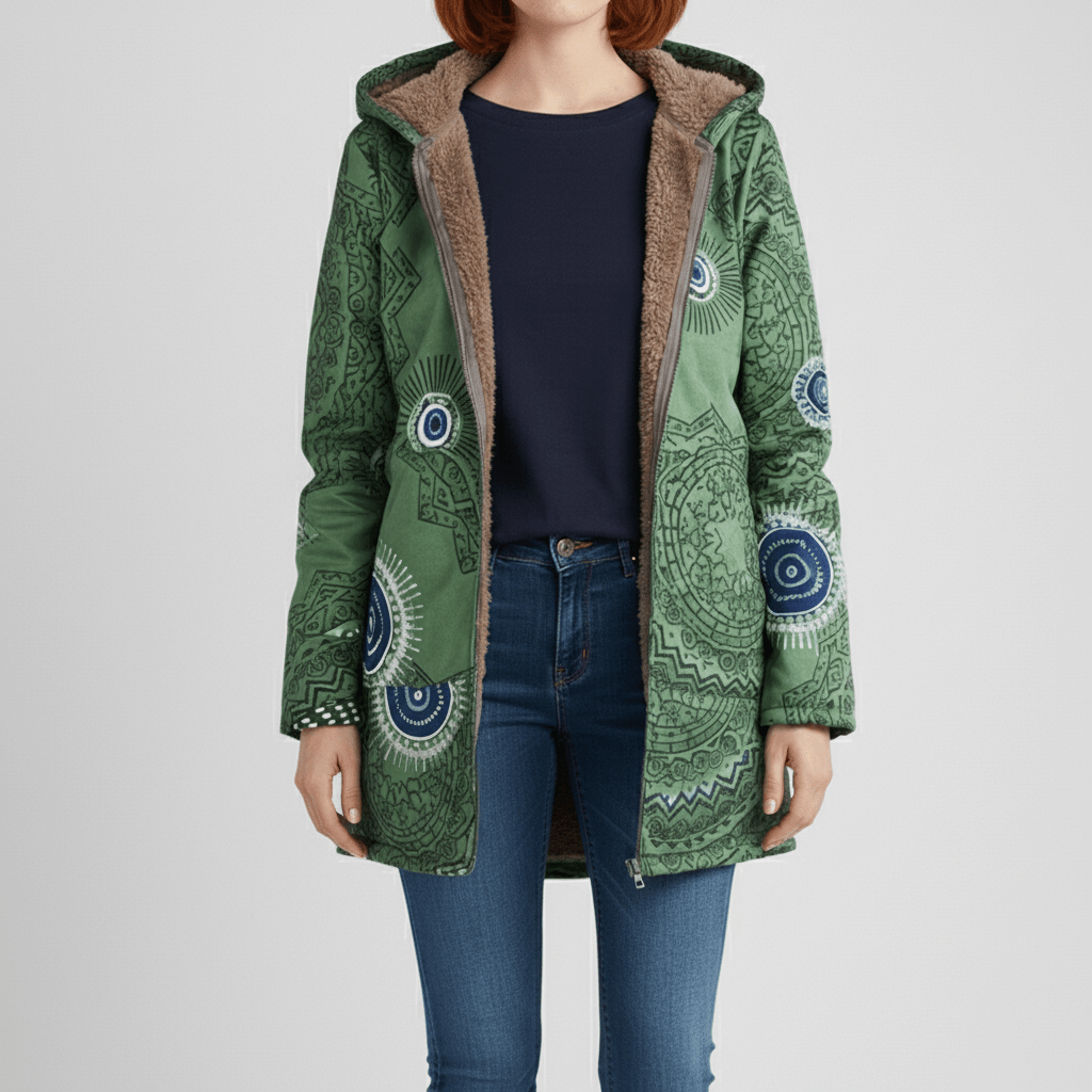 Musterjacke Ella für Damen: Lange Kapuzenjacke mit Retromuster. Taillierter Schnitt.