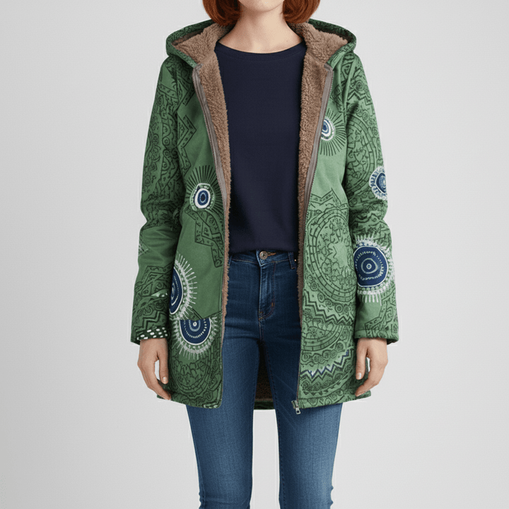 Musterjacke Ella für Damen: Lange Kapuzenjacke mit Retromuster. Taillierter Schnitt.