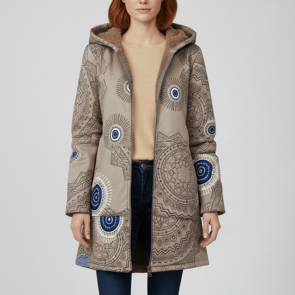 Elegante Damenjacke Ella mit Retromuster. Kapuzenjacke, lang & tailliert. Perfekt für viele Anlässe.