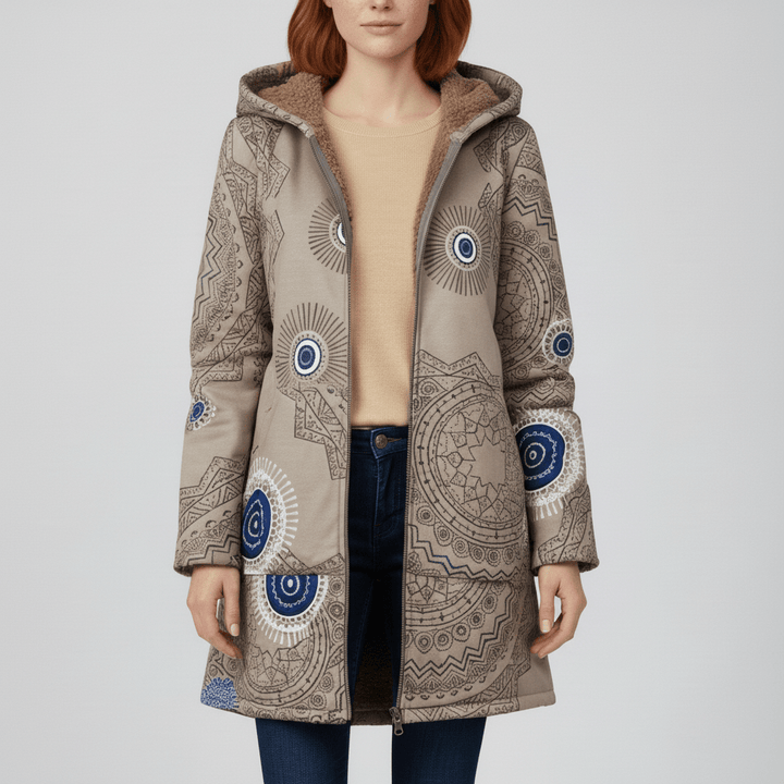 Elegante Damenjacke Ella mit Retromuster. Kapuzenjacke, lang & tailliert. Perfekt für viele Anlässe.
