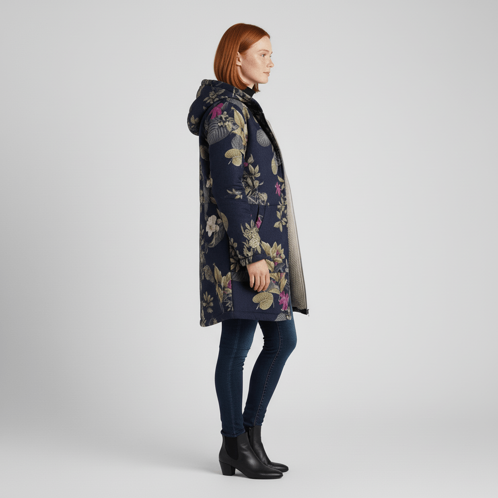 Damen Übergangsjacke Ella: Tailliert, lang, mit Kapuze und auffälligem Retromuster.