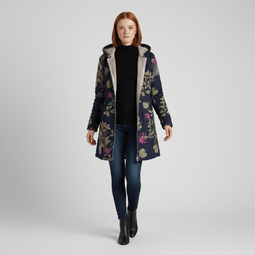 Schicke Herbstjacke für Damen mit Retromuster, Kapuze & elegantem tailliertem Schnitt.