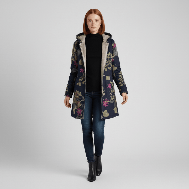 Schicke Herbstjacke für Damen mit Retromuster, Kapuze & elegantem tailliertem Schnitt.