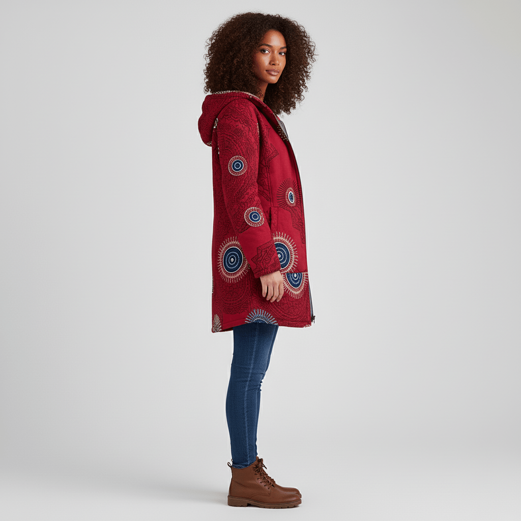 Warme Winterjacke Ella für Damen: Lang, tailliert, mit Kapuze & stilvollem Retromuster.