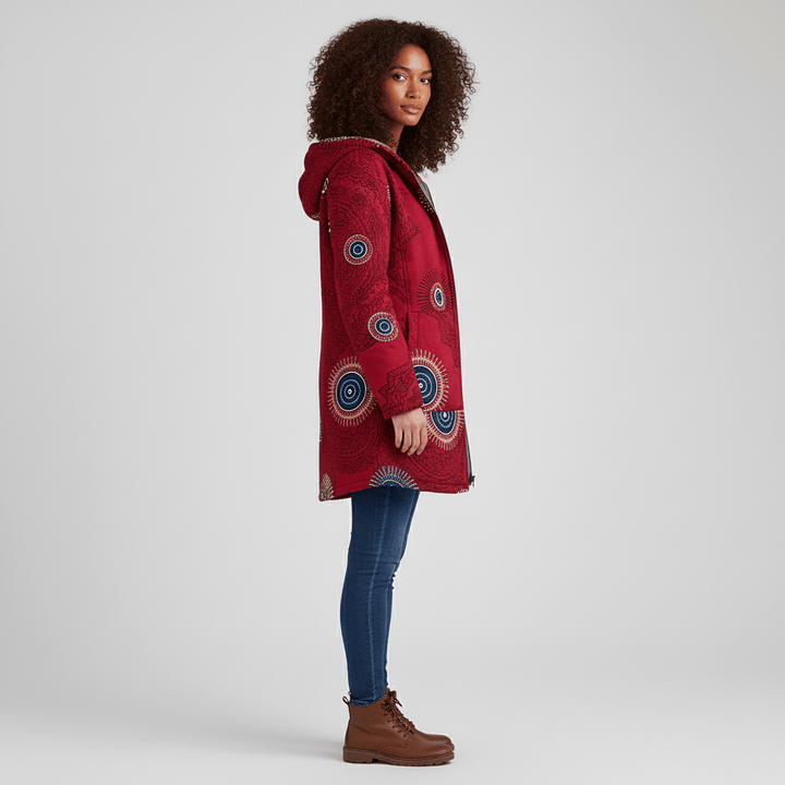 Warme Winterjacke Ella für Damen: Lang, tailliert, mit Kapuze & stilvollem Retromuster.