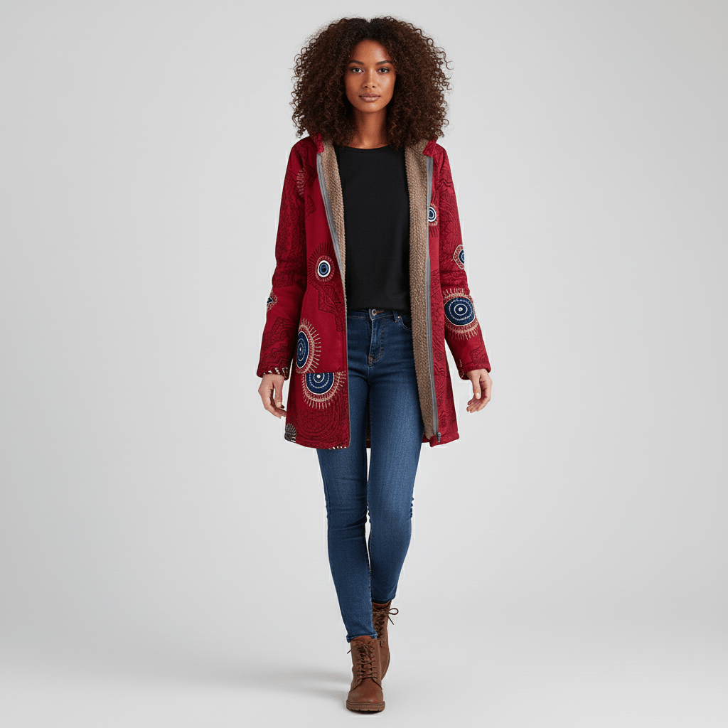 Freizeitjacke Damen: Kapuzenjacke Ella mit Retromuster, lang & bequem. Casual Chic.
