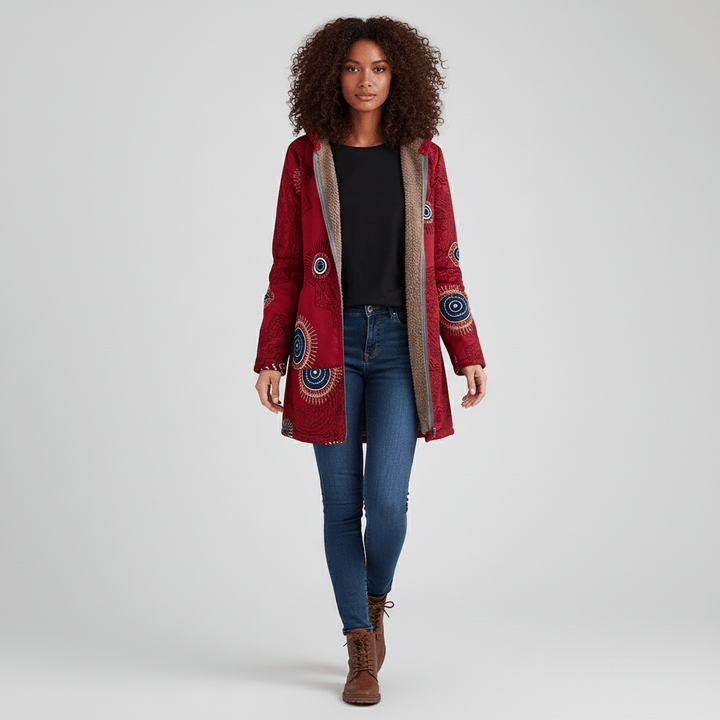 Freizeitjacke Damen: Kapuzenjacke Ella mit Retromuster, lang & bequem. Casual Chic.