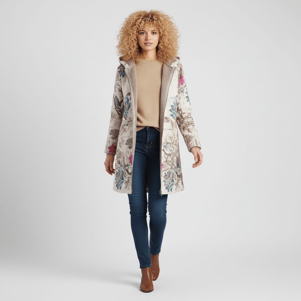 Damenbekleidung: Elegante lange Kapuzenjacke mit Retromuster & taillierter Passform.