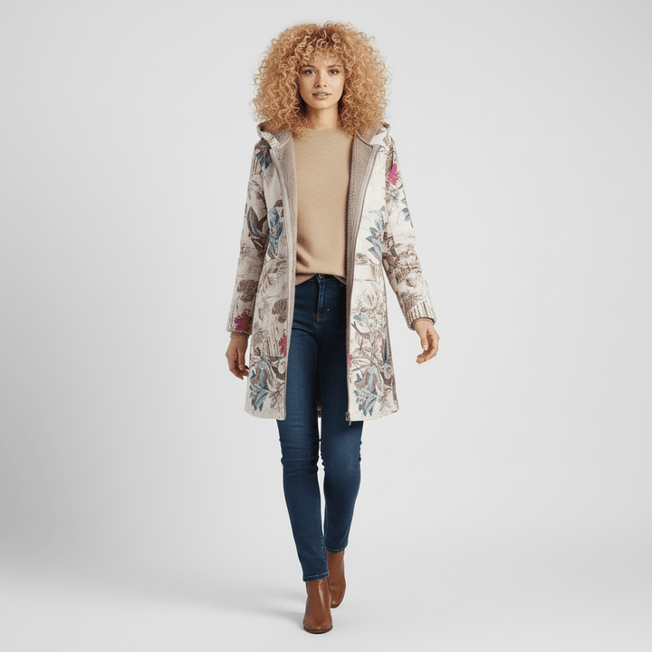 Damenbekleidung: Elegante lange Kapuzenjacke mit Retromuster & taillierter Passform.