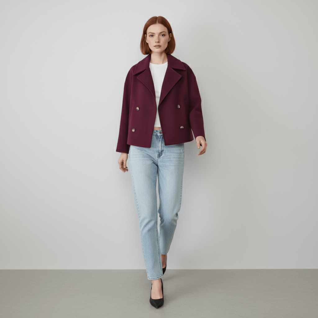 Trendige Damen Cropped Blazer Jacke Jessica, Zweireihig, ideal für modische Freizeitlooks.