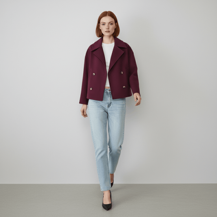 Trendige Damen Cropped Blazer Jacke Jessica, Zweireihig, ideal für modische Freizeitlooks.