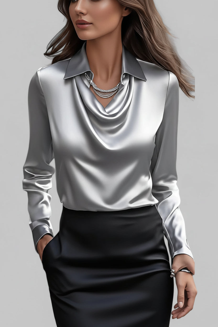 Hochwertige Damenbluse mit Drapé, langärmelig, besticht durch schimmerndes Material und vielseitiges Design.