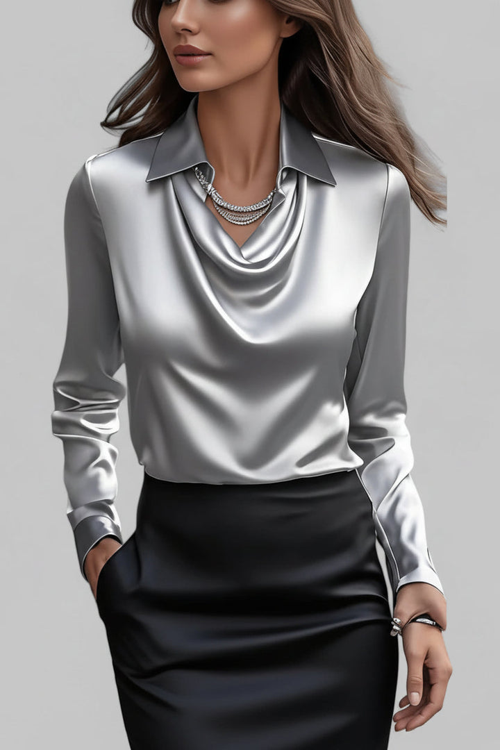 Hochwertige Damenbluse mit Drapé, langärmelig, besticht durch schimmerndes Material und vielseitiges Design.