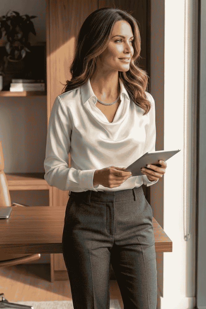Schimmernde Drapée-Bluse für Damen, langärmelig, stilvoll und vielseitig für Bürooutfits oder Abendevents.