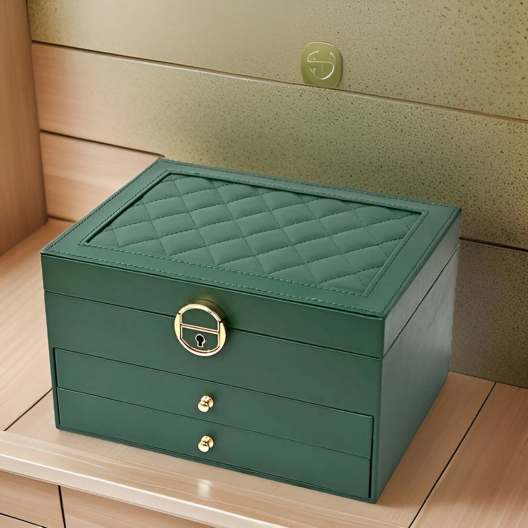 Hochwertige, organisierte Schmuckbox für Damen aus PU-Leder. Elegantes, mehrschichtiges Schmuckkästchen.