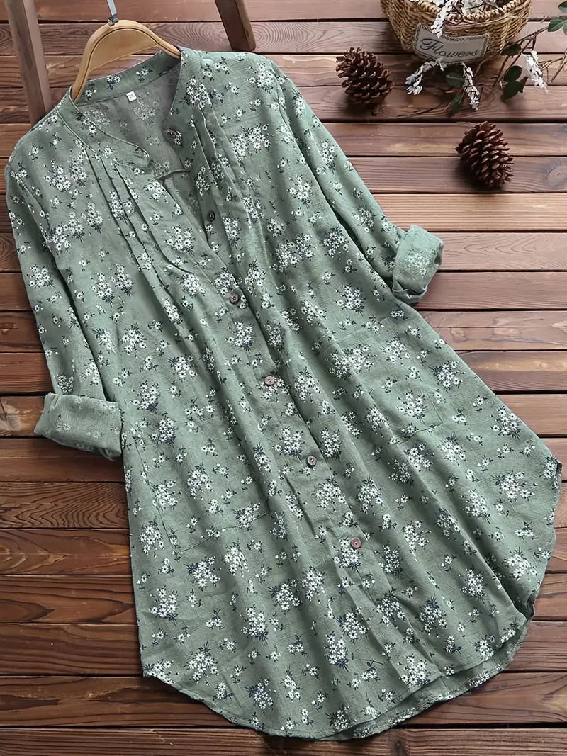 Elegante Damen Sommerbluse mit floralem Blumendruck, V-Ausschnitt und Falten. Ideal für Freizeit & Büro.
