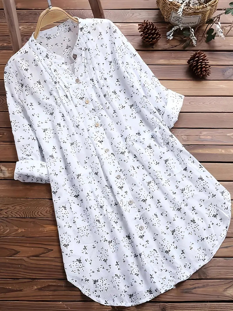 Stilvolle Damenbluse mit langem Ärmel, lebendigem Blumendruck und V-Ausschnitt für Frühling & Sommer.