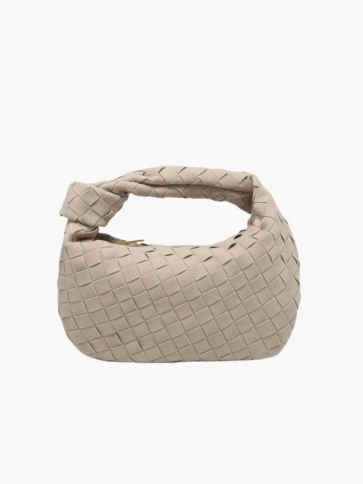 Trendige vegane Schultertasche für Damen, mit stilvollem Knotendetail und edler Wildlederoptik.