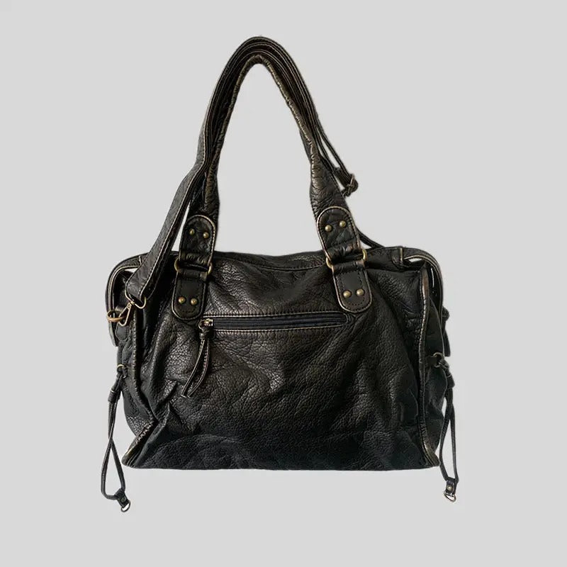 Robuste Vintage Leder Handtasche Marisol für Damen, Rückansicht mit praktischem Reißverschlussfach.