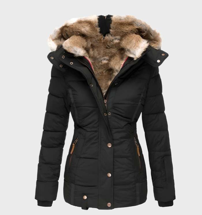 Elegante Damen Winterjacke im Slim Fit mit Kapuze, warm und stilvoll für kalte Tage.