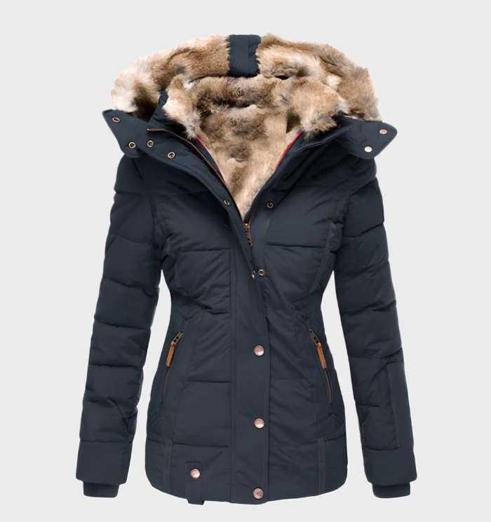Wetterfeste Damen Puffer Winterjacke mit Kapuze, ideal für Outdoor und Freizeit, hält warm.