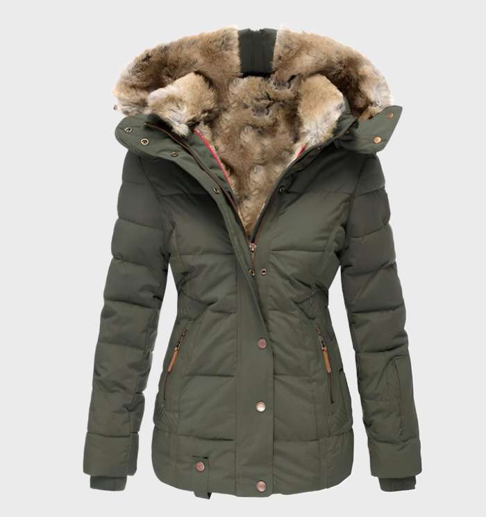 Modische Damen Winterjacke im Slim Fit mit Kapuze, perfekt als warme Oberbekleidung für den Winter.